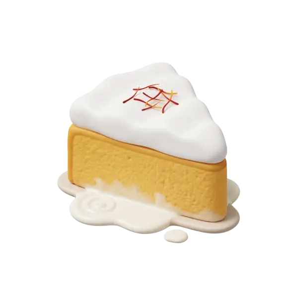 3D render of a slice of saffron milk cake with a smooth white cream topping garnished with red and yellow saffron threads, a golden-yellow spongy interior, and a small pool of milk sauce on a black background.