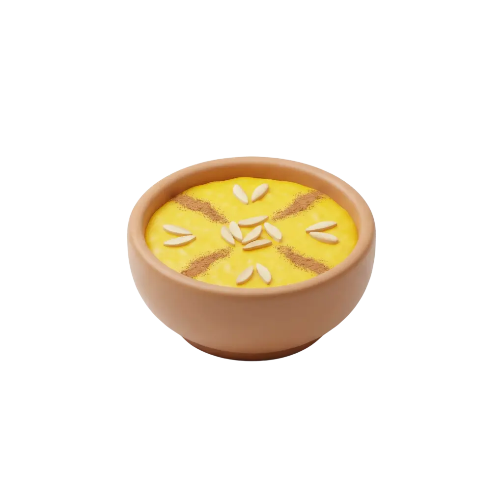 3D render of a terracotta bowl filled with bright yellow saffron-colored rice pudding, garnished with slivered almonds and four seams of ground cinnamon, on a black background.