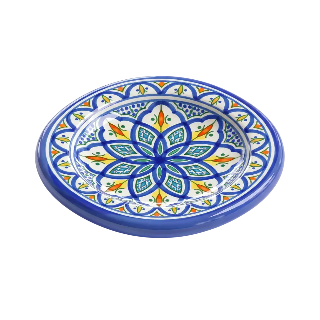 3D render of a hand-painted ceramic plate with a glossy finish, shallow round shape and a bold blue rim, decorated with an intricate multicolored geometric floral star motif in blue, green, yellow and orange. Isolated on a transparent background.