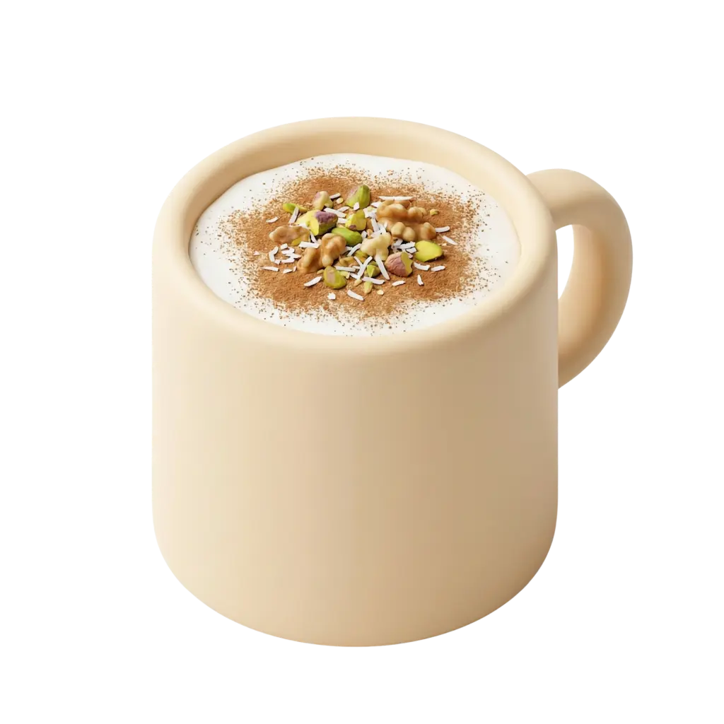 3D render of a creamy sahlab in a beige matte mug topped with cinnamon powder, chopped pistachios, walnut pieces and shredded coconut; isolated on a black background.