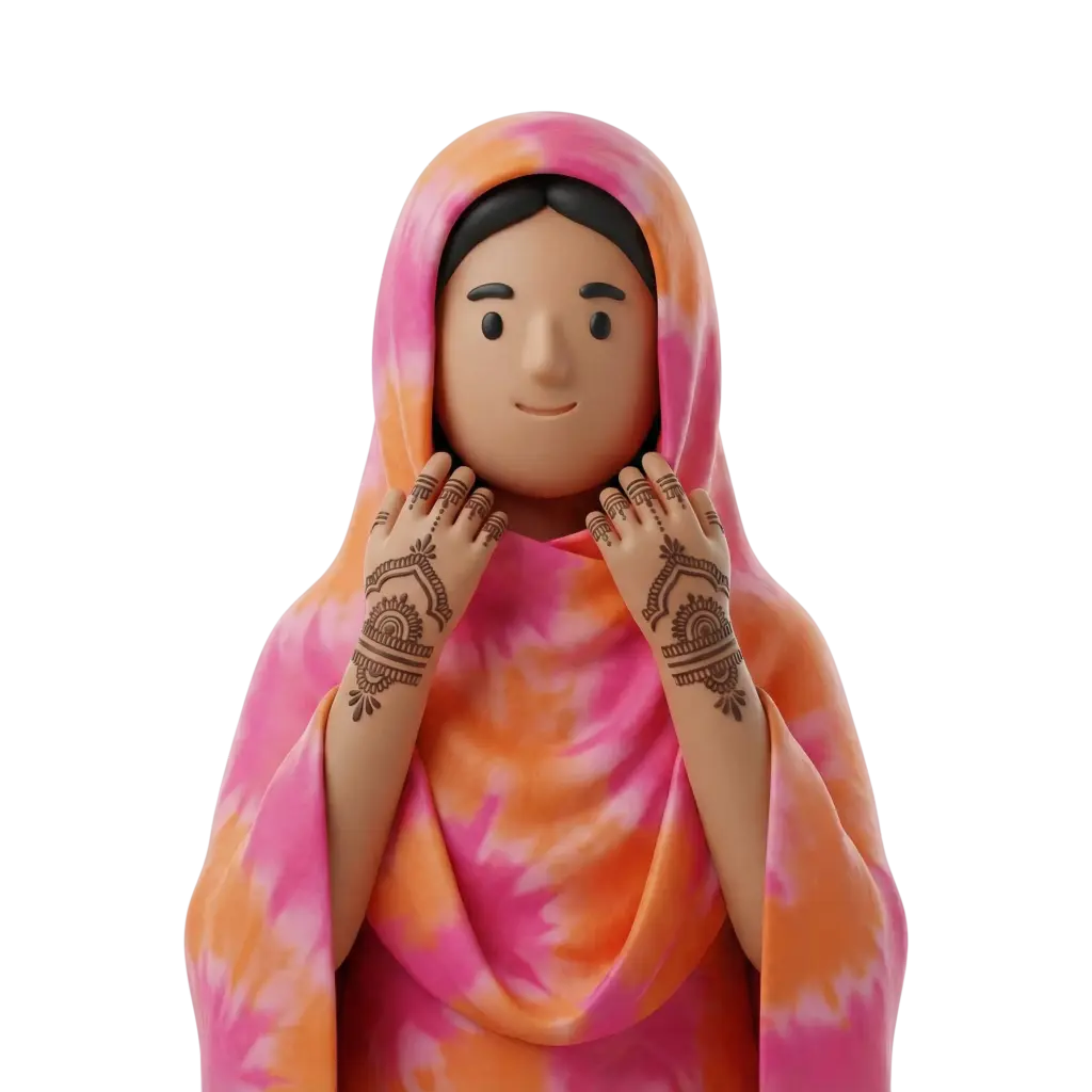 3D portrait bust of a Sahrawi woman wearing a vibrant pink-and-orange tie-dye melhfa covering her head and shoulders, with intricate henna patterns on both hands and a gentle smile; hands raised near her chest. Isolated on a black background.