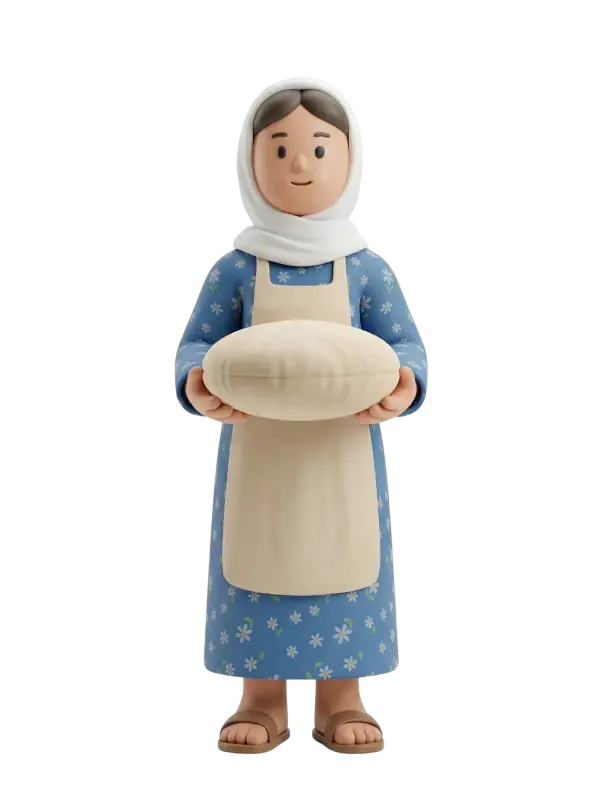 Full-body 3D character of a female Saj baker wearing a white hijab, blue floral dress with small daisies, beige apron and sandals, holding a round saj bread on a cloth; gentle smile, front-facing standing pose, isolated transparent background.