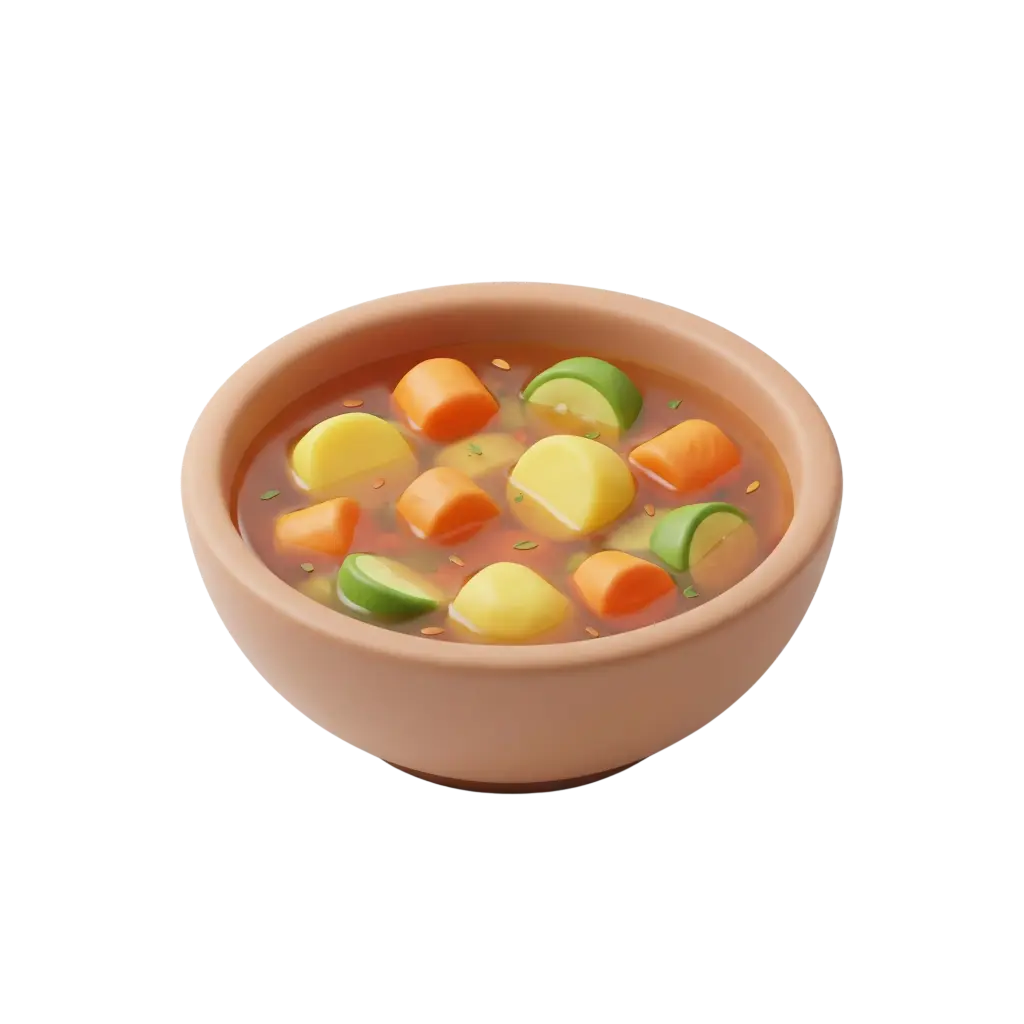 3D render of a bowl of salona stew showing a beige ceramic bowl filled with reddish tomato broth, yellow potato chunks, orange carrot pieces, and green zucchini slices floating with small herbs on a black background.