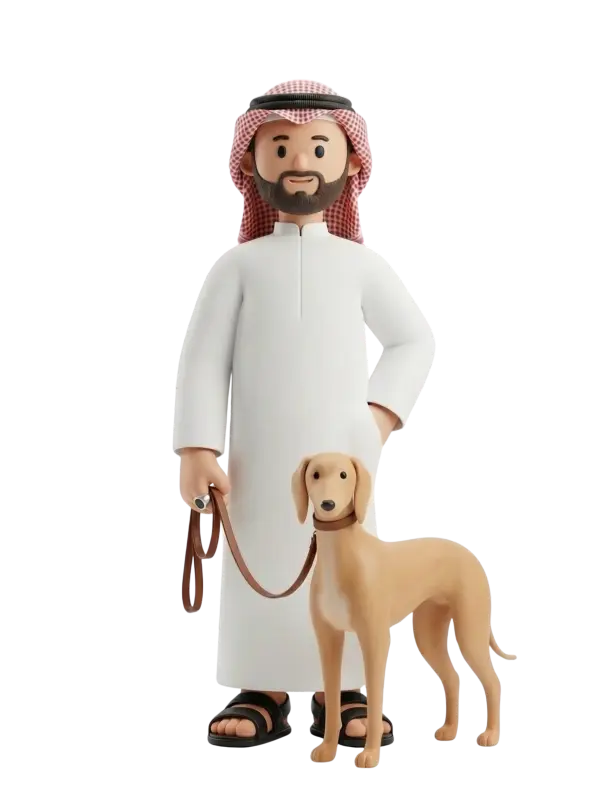 Full-body 3D character of a male Gulf Saluki trainer wearing a white thobe, red-check ghutra with black agal and black sandals; he has a trimmed beard, a friendly expression, one hand in his pocket and the other holding a brown leather leash attached to a tan Saluki dog. Background is isolated black.