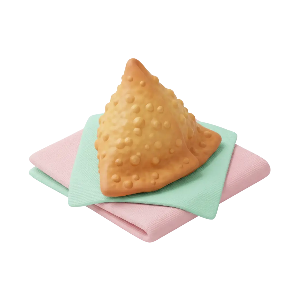 3D render of a triangular golden-brown sambousek (samosa) with a bubbled crispy surface, resting on folded pastel pink and mint cloth napkins against a black background.