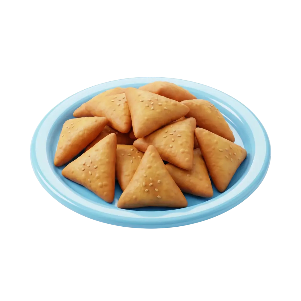3D render of a blue plate piled with golden-brown triangular sambousek sprinkled with sesame seeds, showing a slightly textured baked surface and soft highlights against a black background.