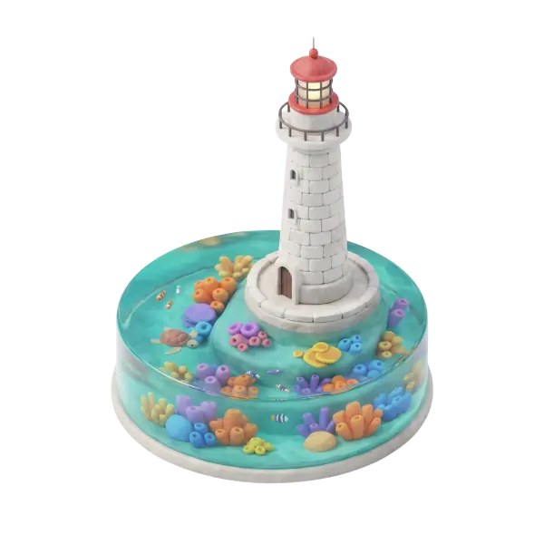 3D clay-style depiction of a white stone lighthouse with a red lantern room standing on a circular glassy base filled with turquoise water, colorful coral formations, small fish and a sea turtle; isometric top-down perspective with soft studio lighting on an isolated black background.