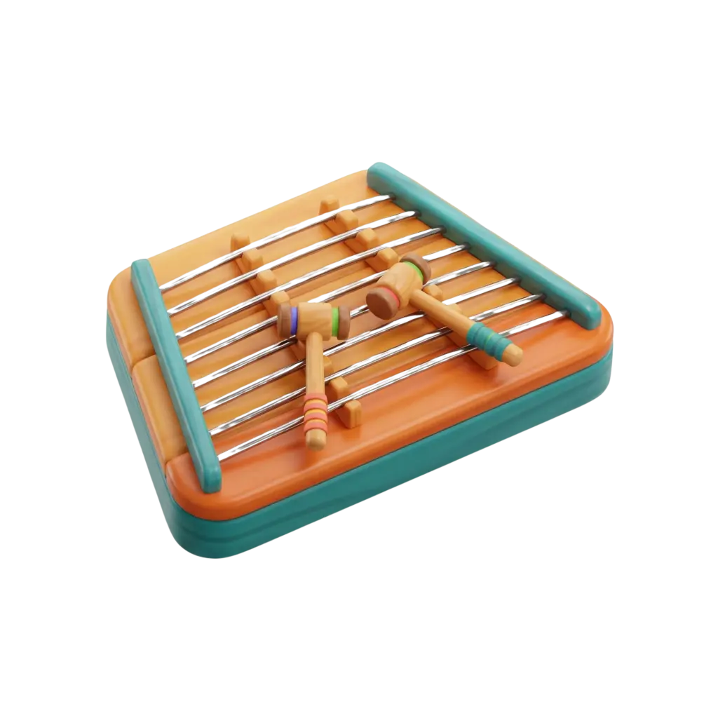 3D render of a colorful santur with metallic strings mounted on an orange molded body with teal rounded edges, and two wooden mallets with colored rings. Isolated on a transparent background.