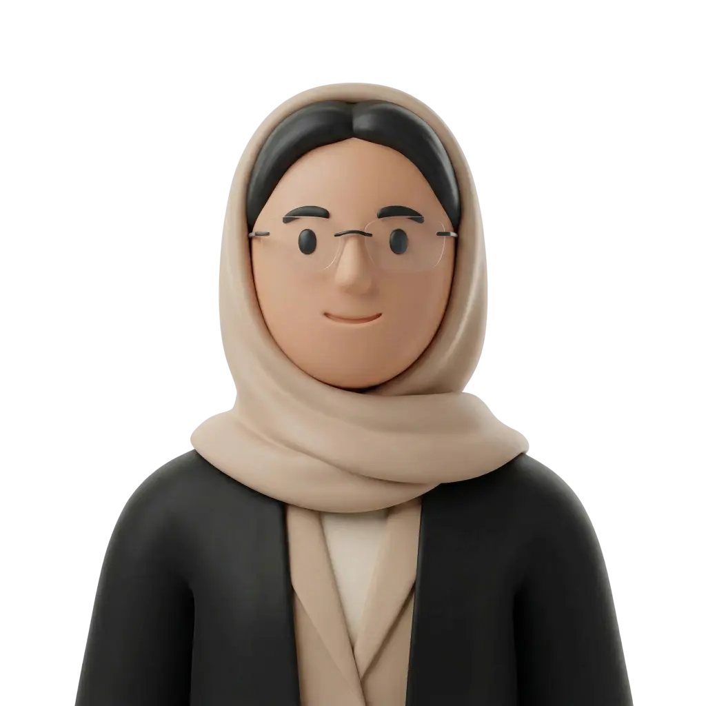 3D portrait bust of a female Saudi executive wearing a beige hijab, thin frameless glasses and a dark blazer, smiling slightly and facing forward against a black background.