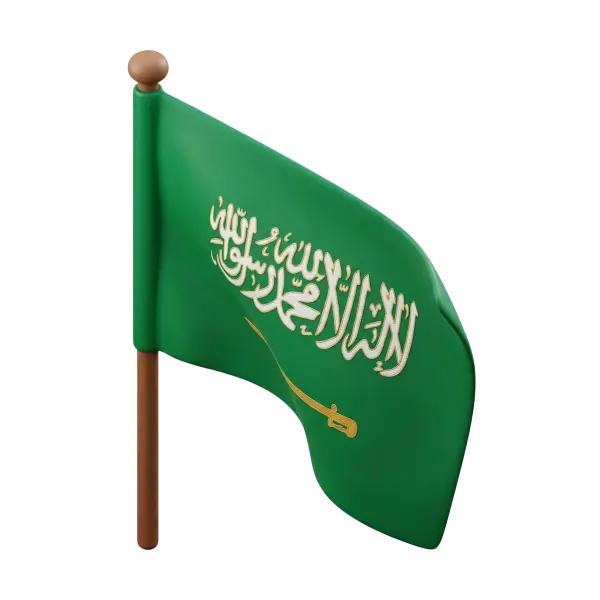 3D render of the Saudi national flag: green cloth with white Arabic shahada lettering edged in gold and a gold metallic sword, mounted on a brown wooden pole with rounded finial, isolated on a black background.