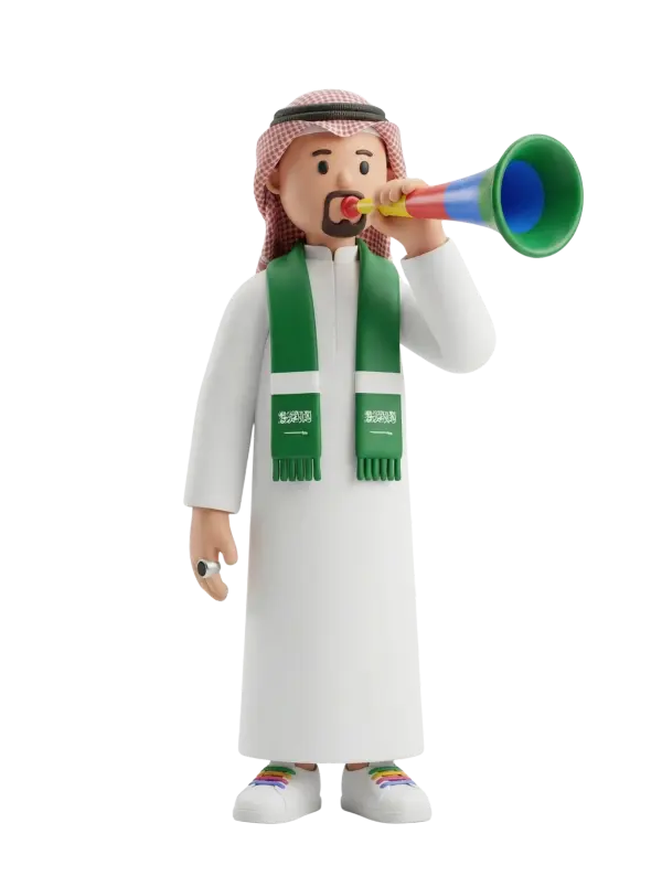 Full-body 3D character of a male Saudi football fan wearing a white thobe, red-checkered shemagh with black agal, a green Saudi scarf, white sneakers with colorful laces, blowing a multicolored vuvuzela while holding it to his mouth; isolated black background.