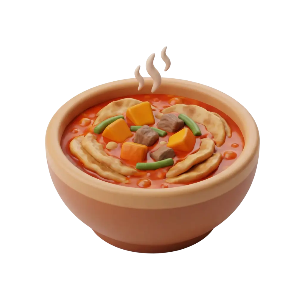 3D render of a shallow ceramic bowl containing a red tomato-based stew with folded bread strips, orange potato cubes, brown meat chunks and green beans, with stylized steam rising above; the bowl sits isolated on a dark/transparent background.