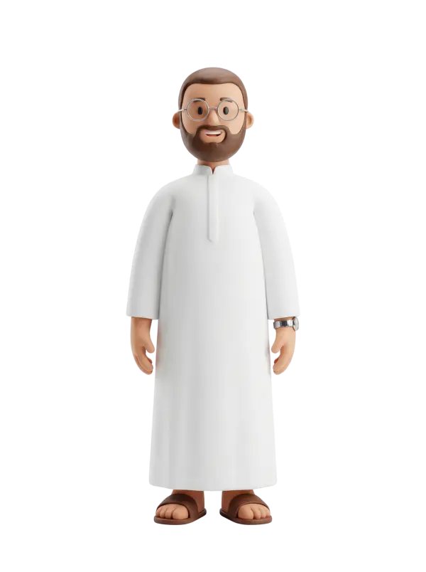 Full-body 3D character of a Saudi man wearing a white thobe, round glasses, a trimmed beard, wristwatch and brown sandals, smiling with relaxed arms in an isolated render on a transparent background.