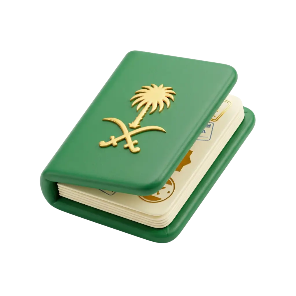 3D render of a partially open green Saudi passport with a matte leather cover embossed with a gold palm-and-swords emblem, cream pages showing passport stamps, isolated on a black background.