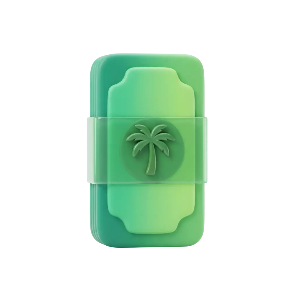 3D render of a stylized stack of green Saudi banknotes with rounded corners, held by a semi-transparent band embossed with a palm tree emblem; smooth, slightly glossy plastic-like finish on an isolated transparent background.