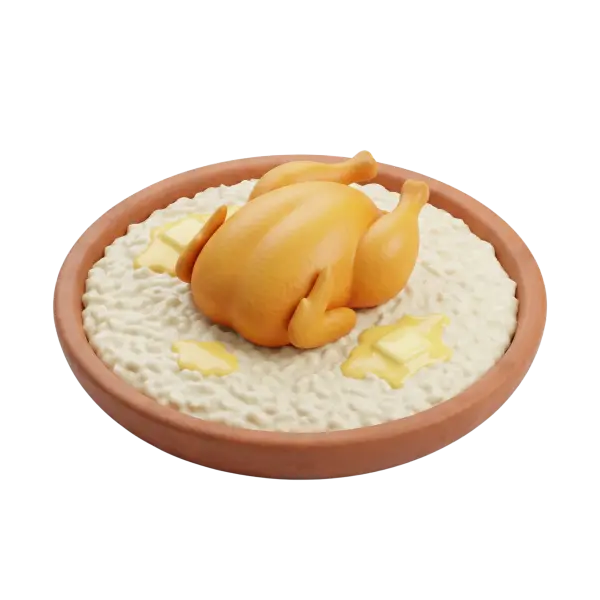 3D render of Saudi saleeg in a terracotta bowl showing creamy white rice porridge topped with a whole roasted chicken and several pats of melting butter against a black background.