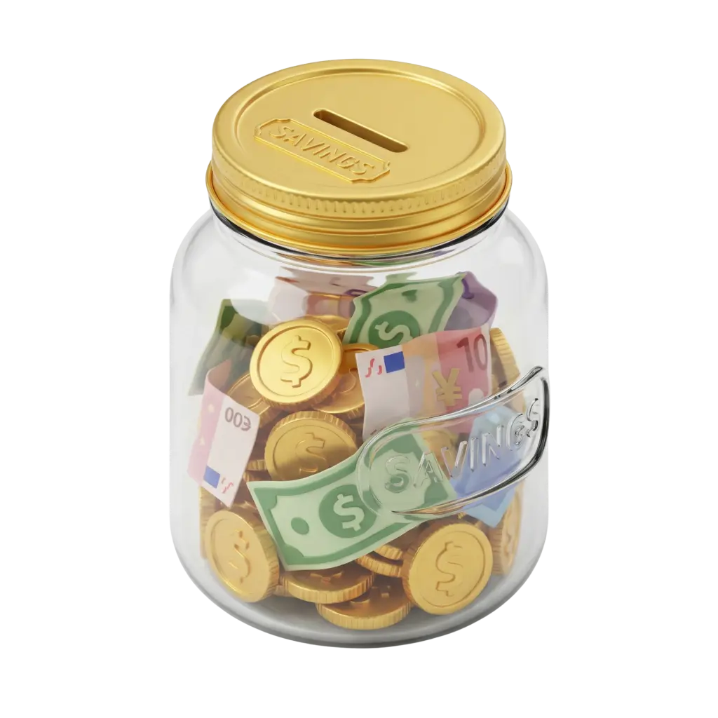 3D render of a clear glass savings jar with a shiny gold screw lid stamped with a coin slot and the word "SAVINGS", filled with shiny gold coins marked with dollar signs and colorful paper banknotes; isolated on a black background.