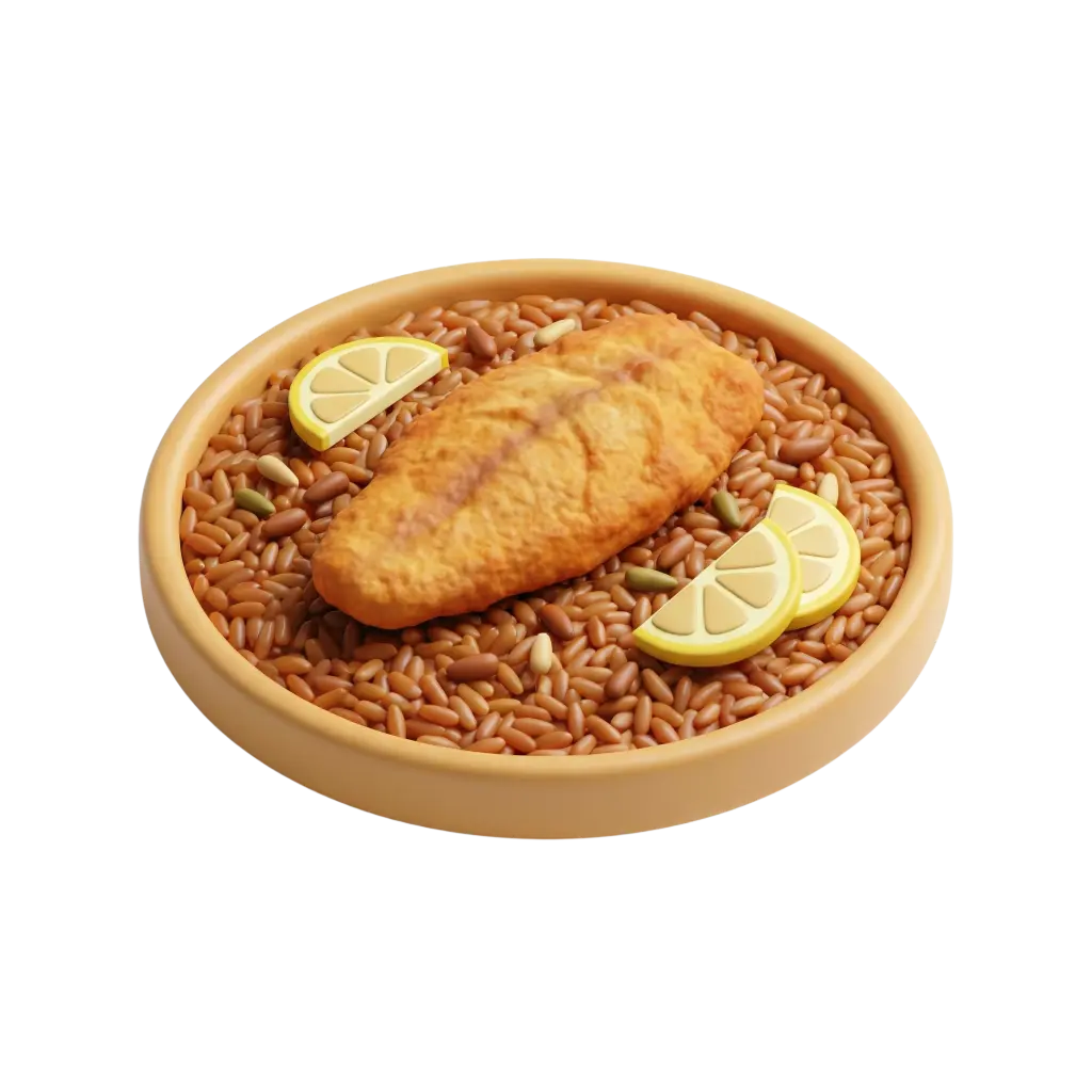 3D render of a shallow ceramic bowl holding sayadieh (fish and rice) with a whole golden-brown fried fish fillet on a bed of seasoned brown rice, garnished with lemon wedges and pine nuts; warm ochre and brown tones, isolated on a black background.