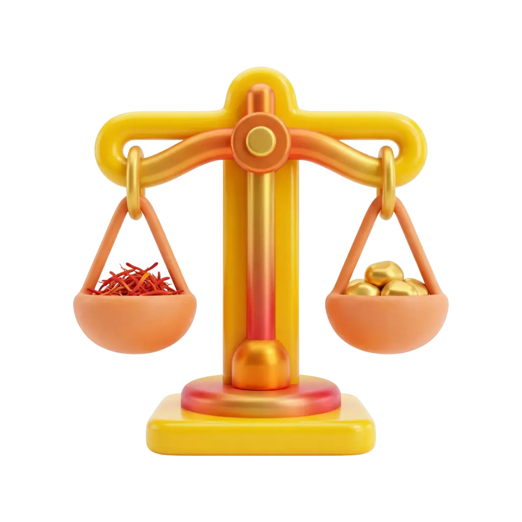 3D render of a glossy stylized balance scale in yellow and orange with a central column and two hanging semicircular bowls; the left bowl contains red thread-like strands and the right bowl holds small gold nuggets, with a smooth metallic-plastic finish on a transparent background.