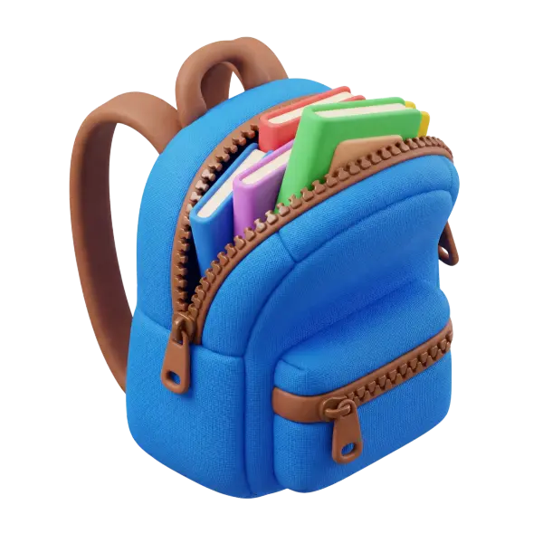 3D render of a compact blue school backpack with visible fabric texture, brown leather-like zippers and straps, and colorful books (green, purple, blue, red, yellow) peeking from the main compartment. Soft-matte finish on a black isolated background.