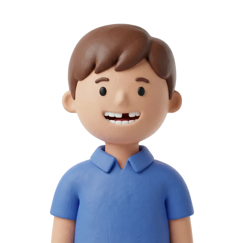 3D portrait bust of a smiling school boy wearing a blue polo shirt with short brown hair, showing a toothy grin with a missing front tooth. Front-facing isolated render on a plain dark background with a cheerful expression and relaxed pose.
