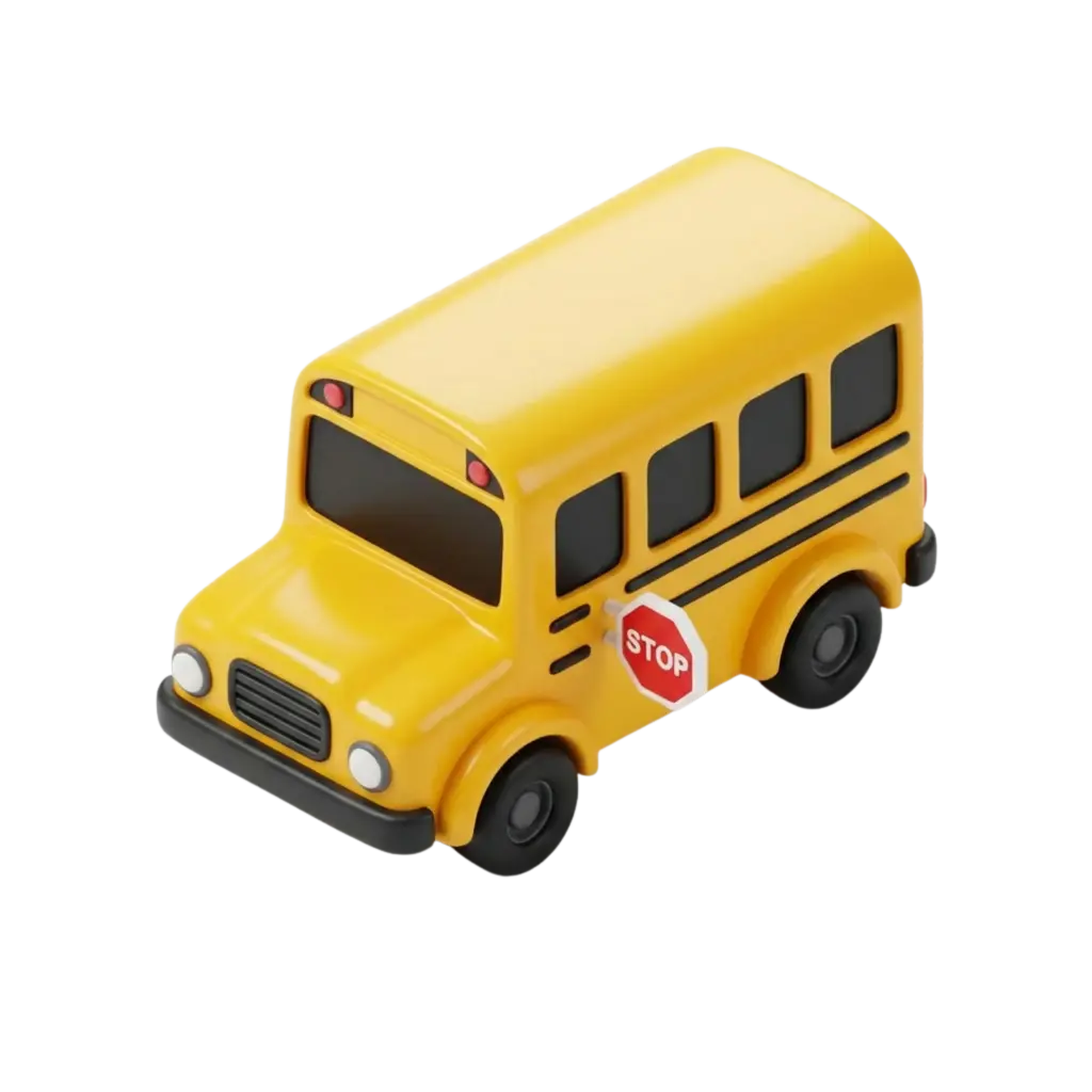 3D render of a stylized yellow school bus with rounded toy-like shape, glossy painted finish, dark tinted windows, black wheels and a red STOP sign on the side, isolated on a black background.