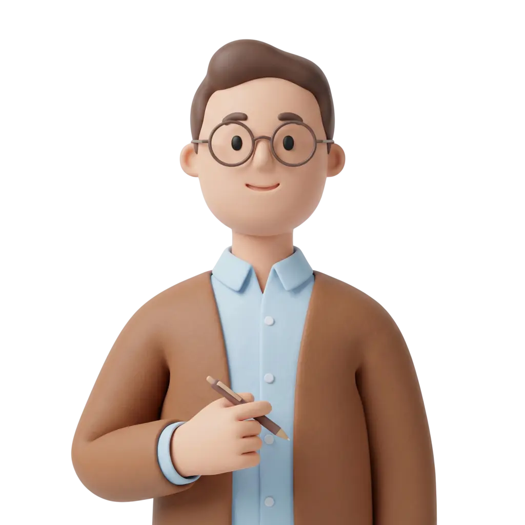 3D portrait bust of a male school teacher with short brown hair, round glasses, a light-blue buttoned shirt and brown cardigan, holding a pencil near his chest and smiling gently. Isolated render on a black background.