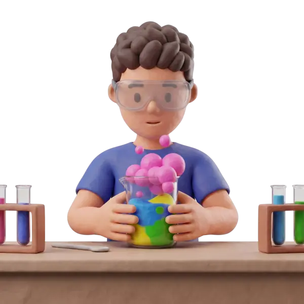 3D render of a single student wearing clear safety goggles and a blue T-shirt holding a beaker with colorful layered liquid and pink foamy bubbles, with test tubes in wooden racks on a tabletop and a black background.