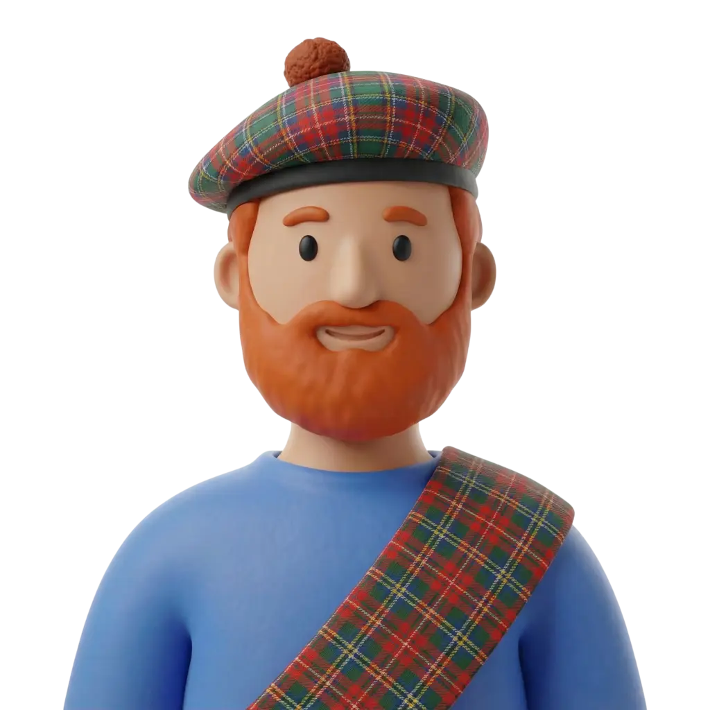 3D portrait bust of a Scottish man with a red beard, wearing a green-and-red tartan tam o'shanter with a pompom and a matching tartan sash over a blue shirt, smiling and facing forward on a black isolated background.