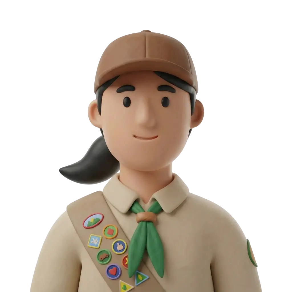 3D portrait bust of a female scout leader wearing a beige scout shirt, a green neckerchief tied with a leather woggle, a brown cap and a sash with colorful merit badges; dark hair tied in a ponytail, neutral smile, facing forward on a transparent black background.