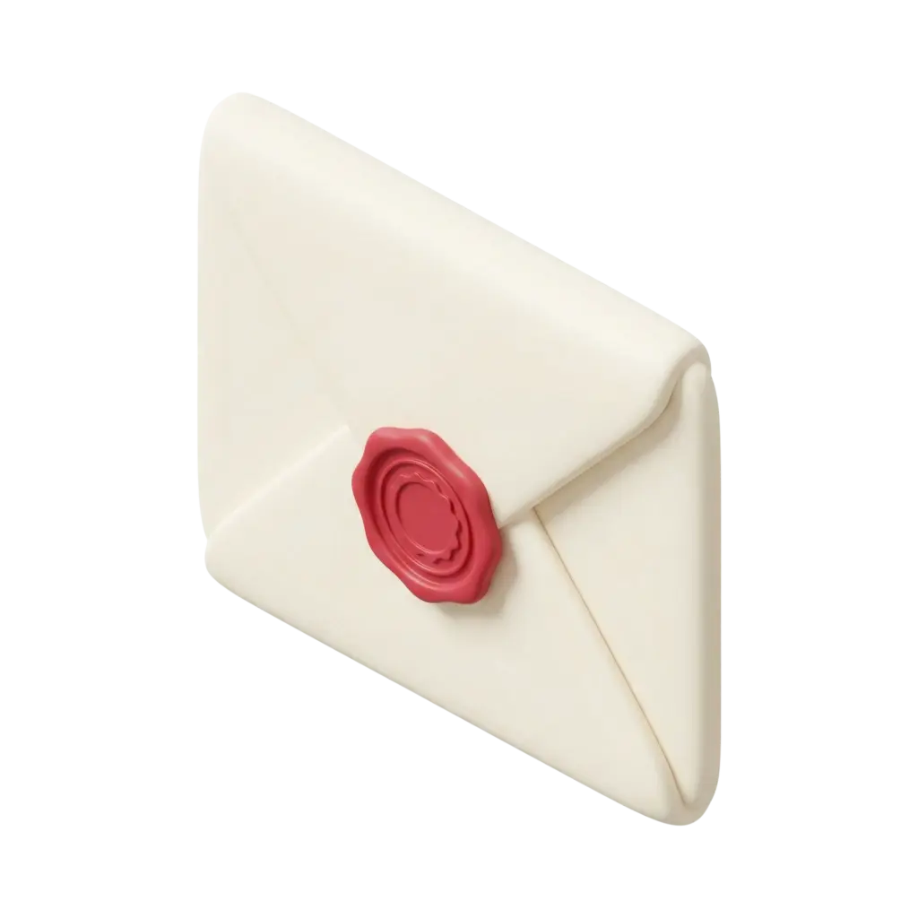 3D render of a cream envelope sealed with a red wax seal, smooth matte paper texture with a slightly glossy wax stamp on a transparent background.