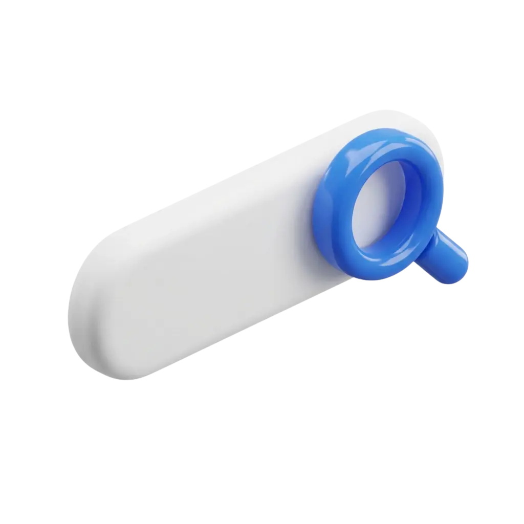 3D render of a white rounded rectangular search bar with a glossy blue magnifying-glass icon attached to the right; smooth plastic-like finish, isolated on a black background.