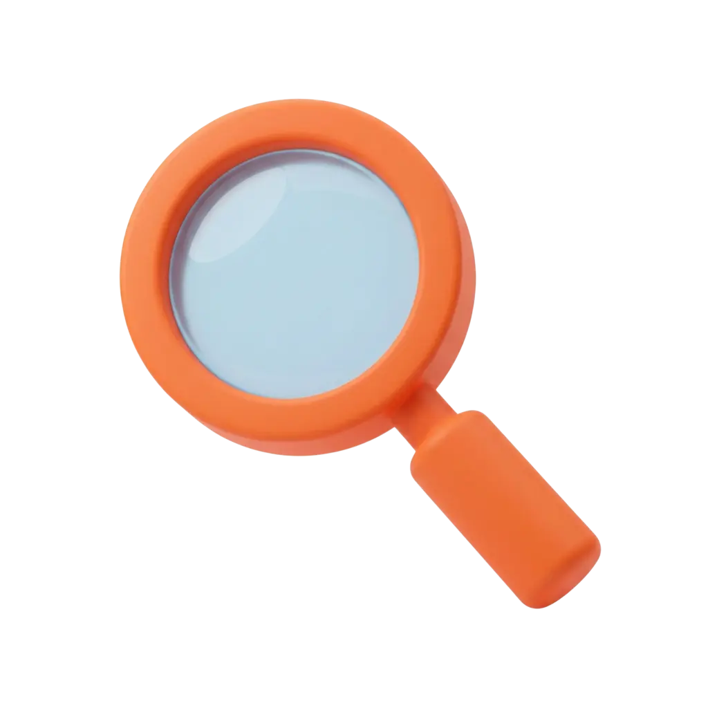 3D render of an orange magnifying search lens with a circular glossy light-blue glass and a matte plastic frame and handle, isolated on a transparent background.