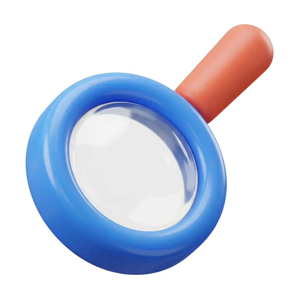 3D render of a stylized magnifying search lens with a thick glossy blue circular frame, clear reflective glass surface, and a rounded matte coral-orange handle, isolated on a transparent background.