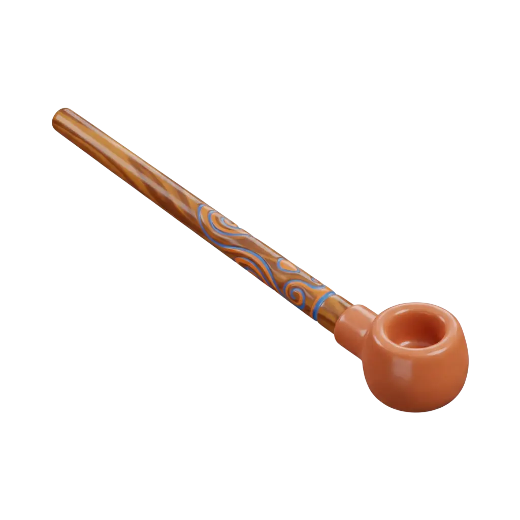 3D render of a sebsi pipe with a glossy terracotta round bowl and a long patterned wooden stem featuring blue and orange swirl motifs, shown against a black background.