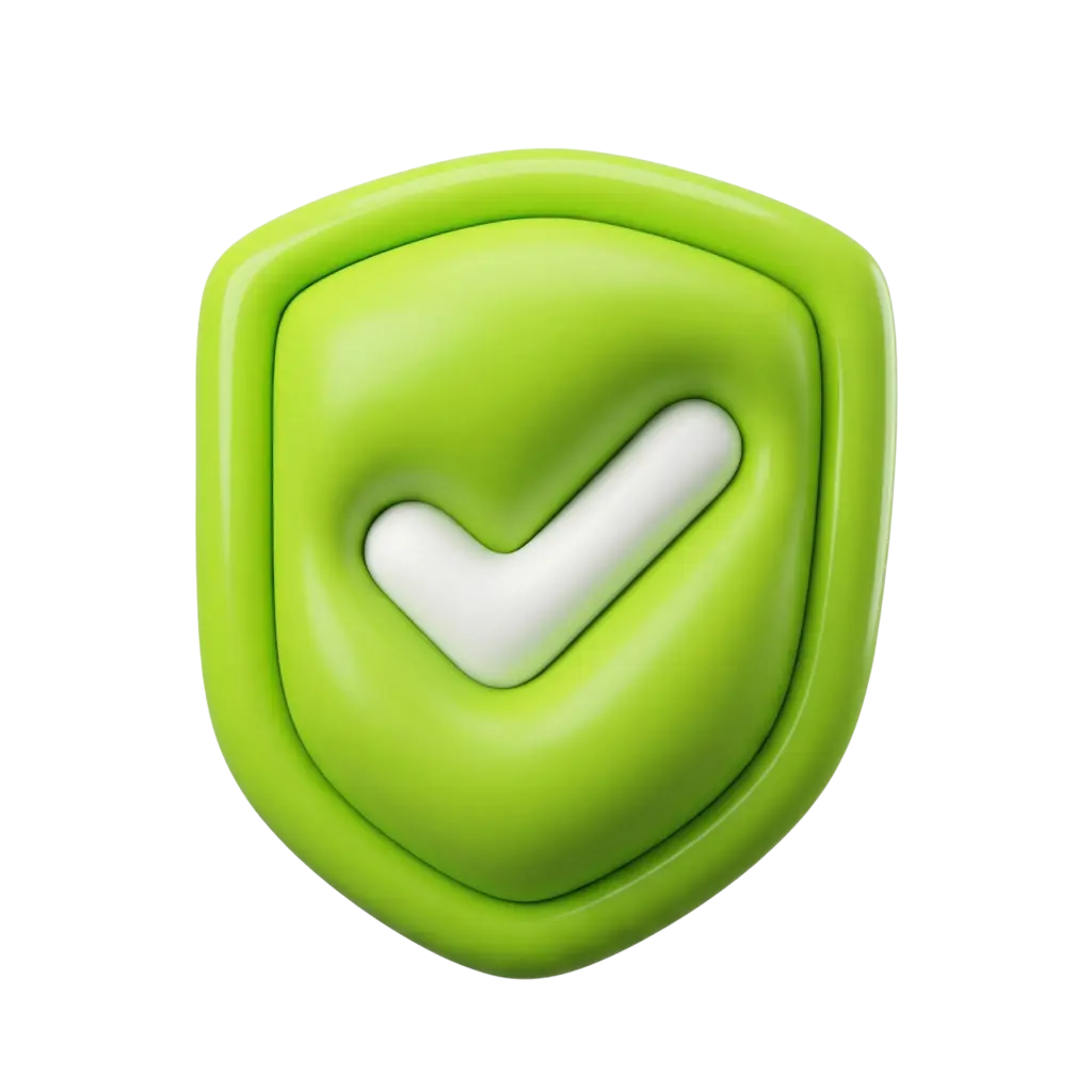 3D render of a rounded shield-shaped badge in bright lime green with a recessed white checkmark; glossy plastic finish and smooth soft edges on a black isolated background.