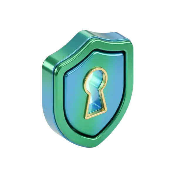 3D render of a shield-shaped security icon with a central keyhole. Metallic green-blue gradient with a glossy finish and a gold-rimmed keyhole, isolated on a transparent background.