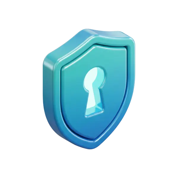 3D render of a glossy metallic blue shield with a recessed keyhole cutout, smooth rounded edges and subtle gradient, isolated on a black background.