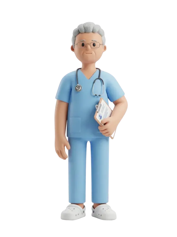 Full-body 3D character of a senior male doctor wearing light blue scrubs and white clogs, with grey hair and glasses, a stethoscope around his neck and holding a clipboard. Neutral friendly expression, standing pose on an isolated transparent background.