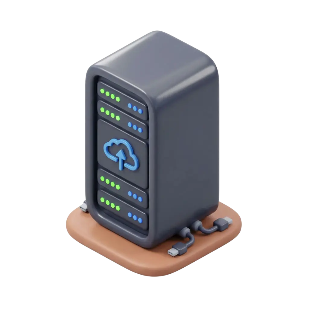 3D render of a stylized matte dark-gray server rack with rounded corners, front panels showing a blue cloud upload icon and rows of green and blue LED indicators, mounted on a tan rounded base with short gray cables; isolated on a transparent background.