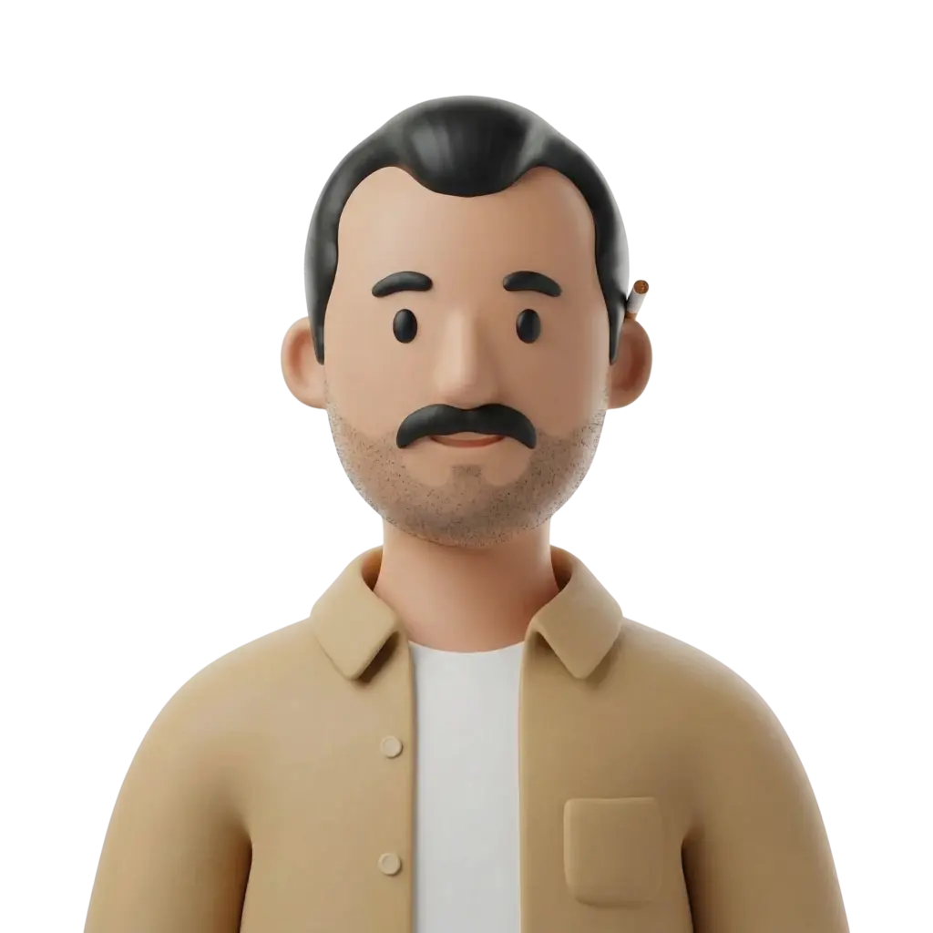 3D portrait bust of a male service taxi driver with short black hair, a thick mustache and light stubble, wearing a beige buttoned jacket over a white T‑shirt and a cigarette tucked behind his ear, neutral expression and black transparent background.