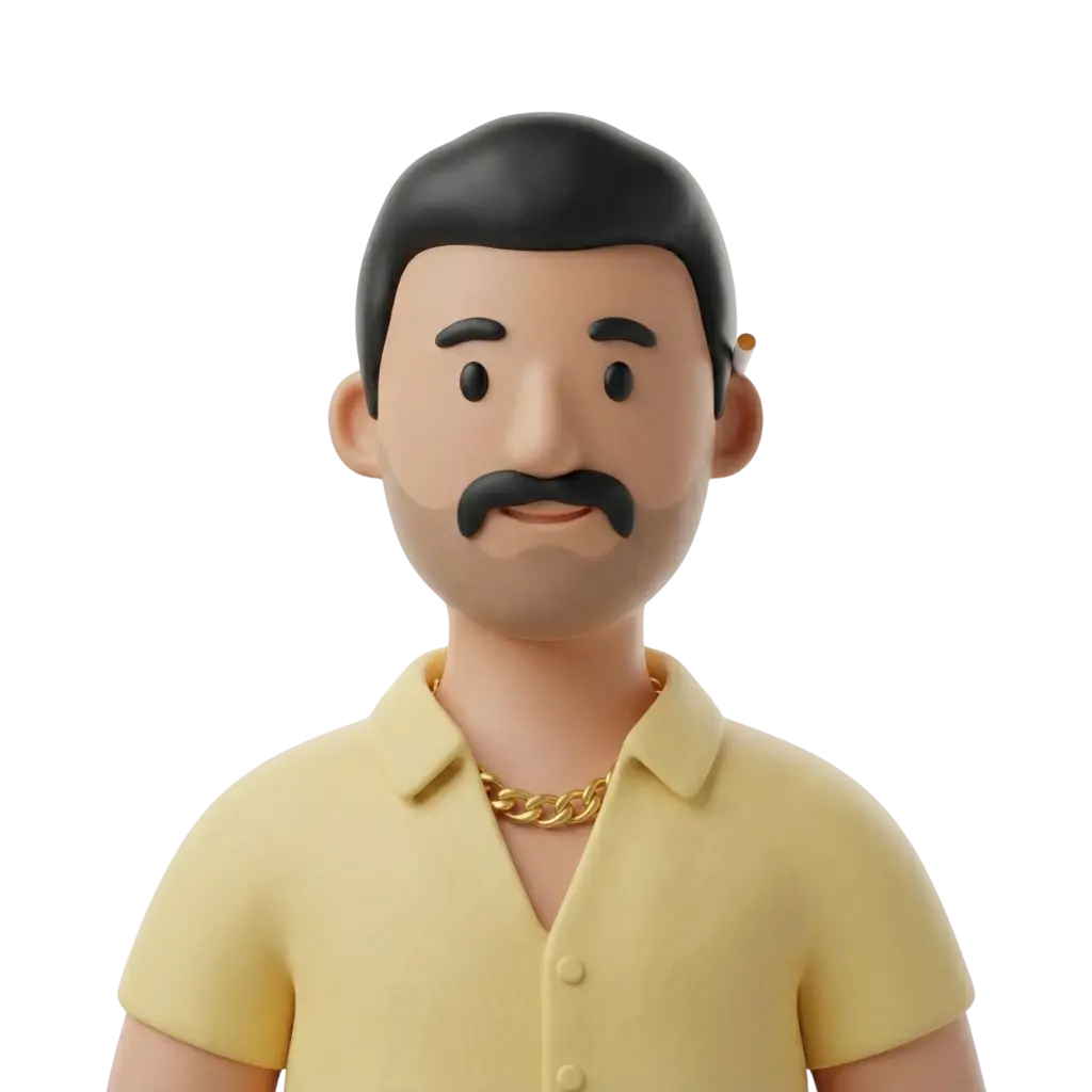 3D portrait bust of a male taxi driver with short black hair, a thick mustache and light beard, wearing a short-sleeve yellow shirt, a gold chain and a small earring; neutral friendly expression, facing forward on a transparent/black background.