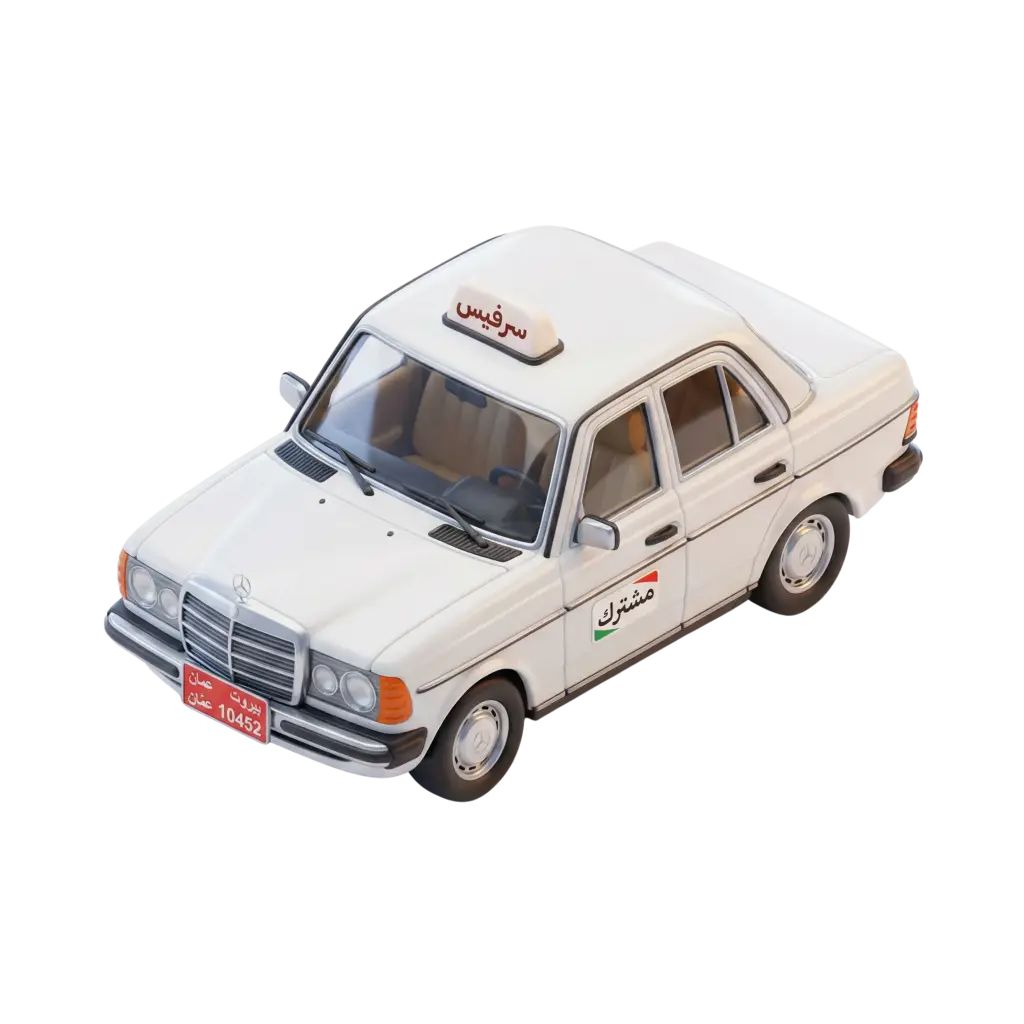 3D render of a classic white sedan-style service taxi with glossy paint, chrome trim, realistic glass windows, rooftop sign reading "سرفيس" and a side decal "مشترك", shown as an isolated render on a black background.