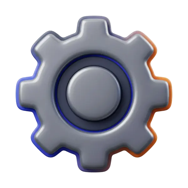 3D render of a rounded settings gear with eight soft teeth, smooth metallic grey body, glossy highlights and subtle blue and orange rim glows, isolated on a transparent background.