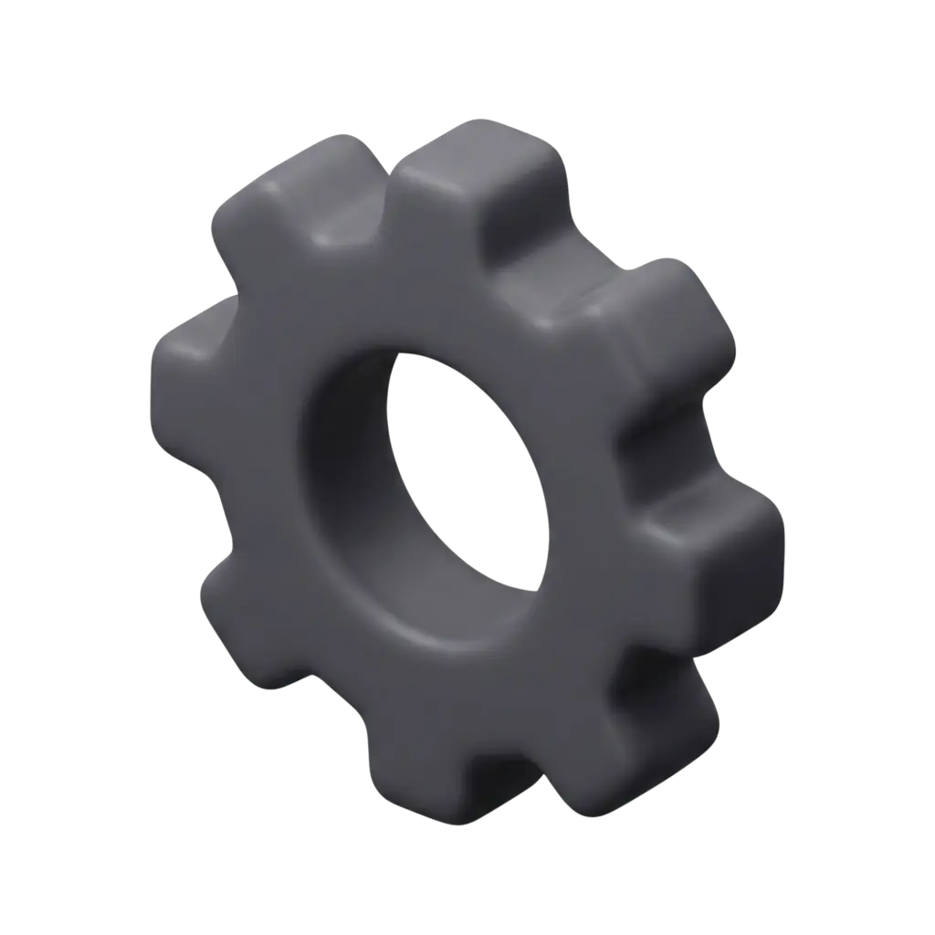 3D render of a dark gray rounded settings gear with soft, chunky teeth and a smooth matte finish, isolated on a black background.