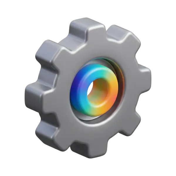 3D render of a metallic silver settings gear with a smooth matte-metal finish and rounded teeth, featuring a glossy rainbow-colored torus at the hub. Transparent background.