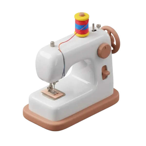 3D render of a compact tabletop sewing machine with rounded white glossy plastic body, warm beige base and knobs, metal needle and presser foot, and a colorful thread spool on top; isolated on a transparent background.