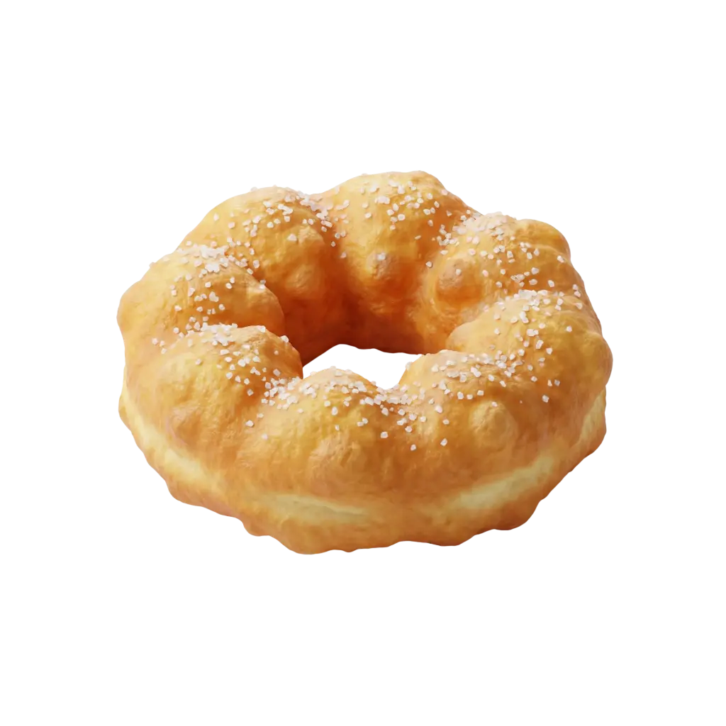 3D render of a golden Maghrebi sfenj doughnut with a puffy segmented ring, coarse white sugar crystals sprinkled on top, a crisp fried crust and soft interior, isolated on a black background.