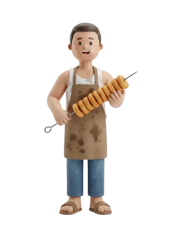Full-body 3D character of a male sfenj seller wearing a stained brown apron over a white tank top, cropped blue jeans and brown sandals, holding a long metal skewer stacked with golden sfenj donuts. He is smiling with beads of sweat on his face and arms, standing on a transparent/black background in a relaxed front-facing pose.