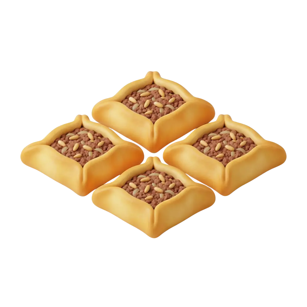 3D render of four square sfiha pastries topped with seasoned minced meat and pine nuts, golden-baked dough with soft folds, isolated on a black background.